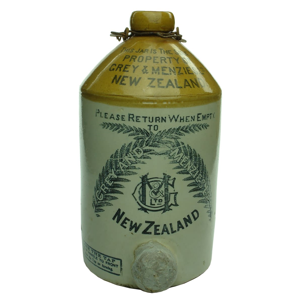 Demijohn. Grey & Menzies Ltd, New Zealand. Fern Leaves. Gallon.