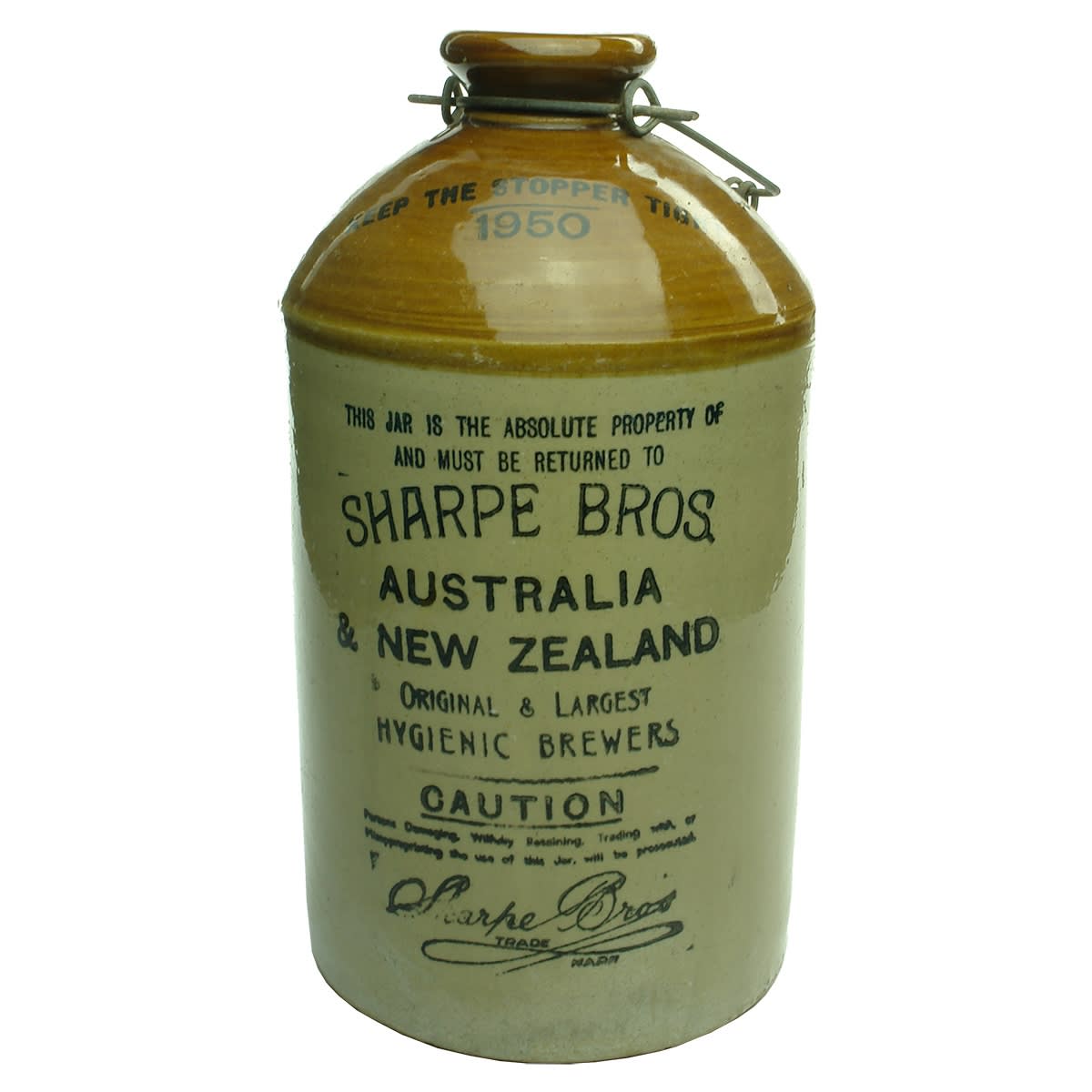 Demijohn. Sharpe Bros, Australia & New Zealand. 1950 dated. Pearsons Chesterfield pottery.