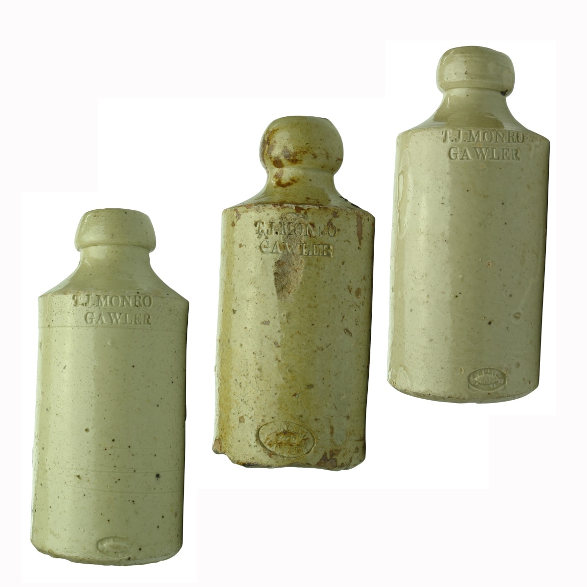 Ginger Beer. Three examples of T. J. Monro, Gawler: 1. John Cliff & Co, Lambeth (Small stamp). All White. 2. John Cliff & Co, Lambeth (Large stamp). Crude honey glaze. 3. John Cliff & Co, Lambeth (Small stamp). All White/Light Grey. (South Australia)