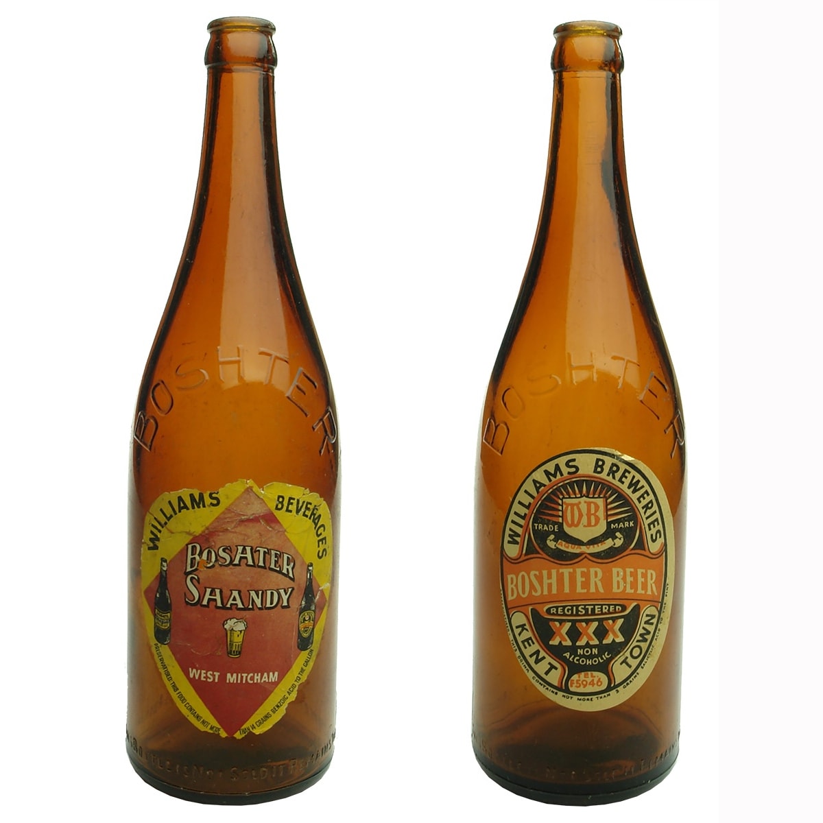 2 Williams Breweries Boshter Beer Bottles with original labels. Boshter Shandy West Mitcham; Boshter Beer Kent Town. Amber. 26 oz. (South Australia)