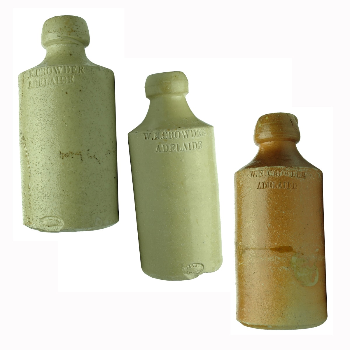 3 Impressed Ginger Beers: All different variations of W. N. Crowder, Adelaide. John Cliff Potters. Two with great looking manufacturing faults. (South Australia)