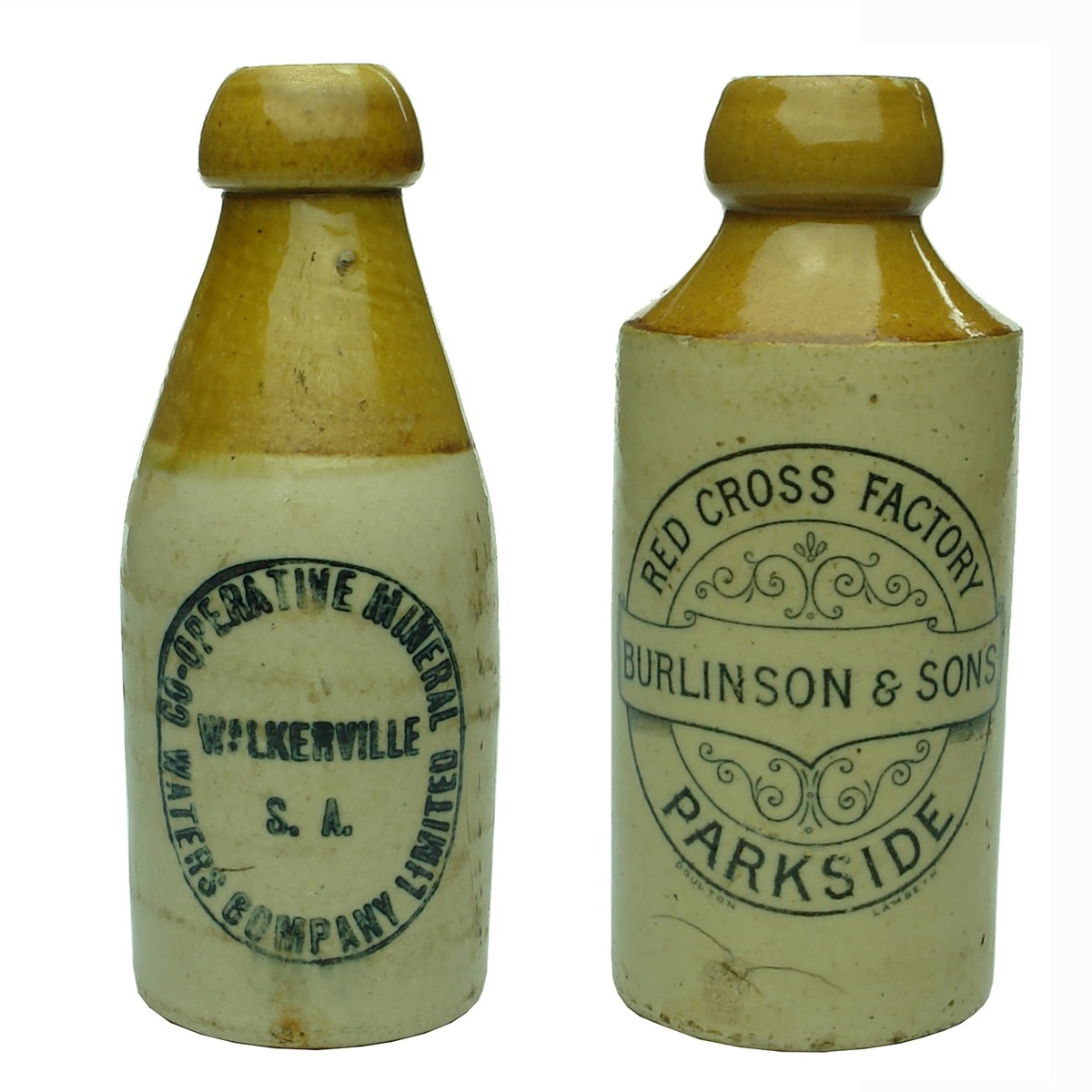 2 Ginger Beers: Co-operative Mineral Waters Co. Walkerville; Red Cross Factory, Burlinson & Sons, Parkside. (South Australia)