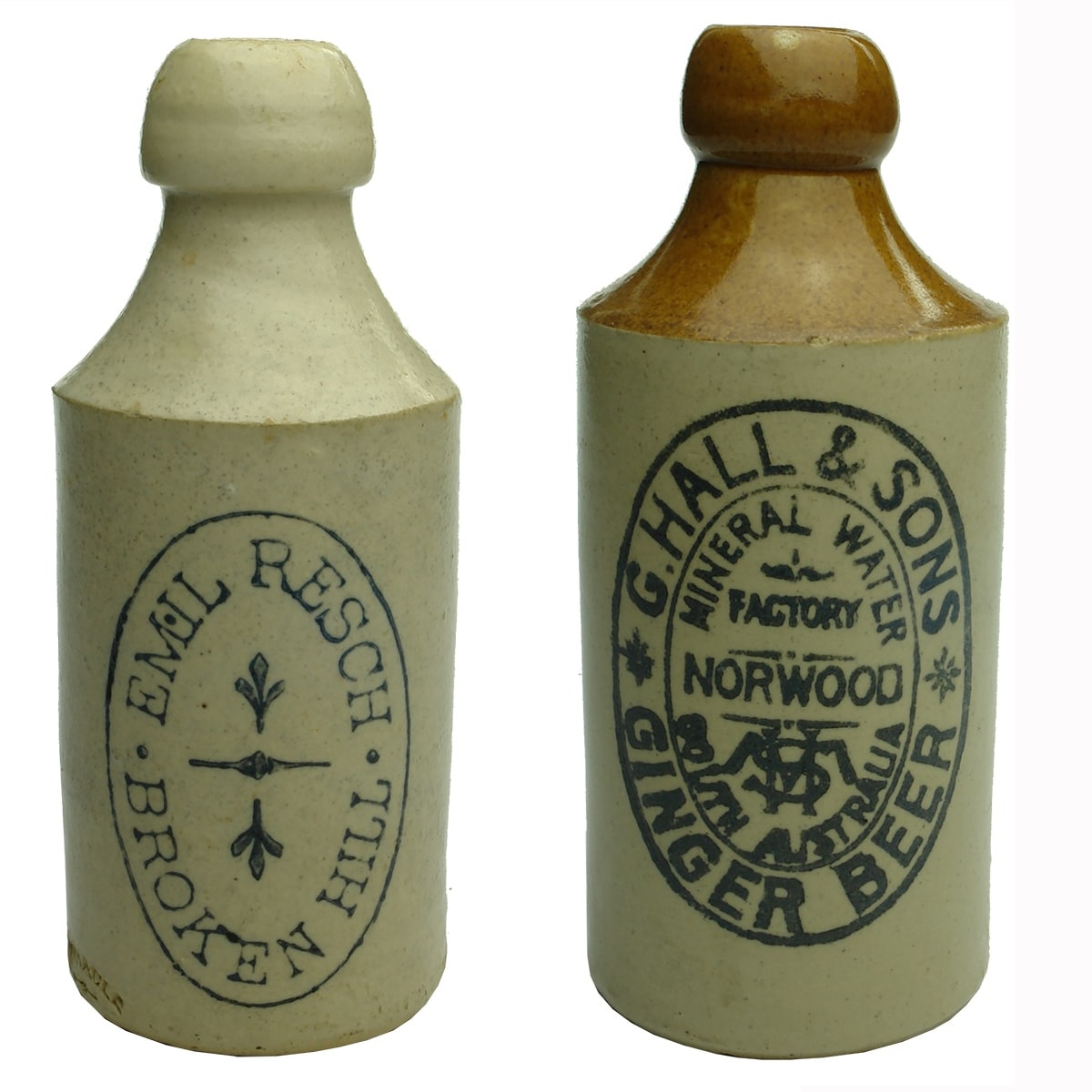2 Ginger Beers: Emil Resch Broken Hill; G. Hall & Sons Norwood. (New South Wales & South Australia)