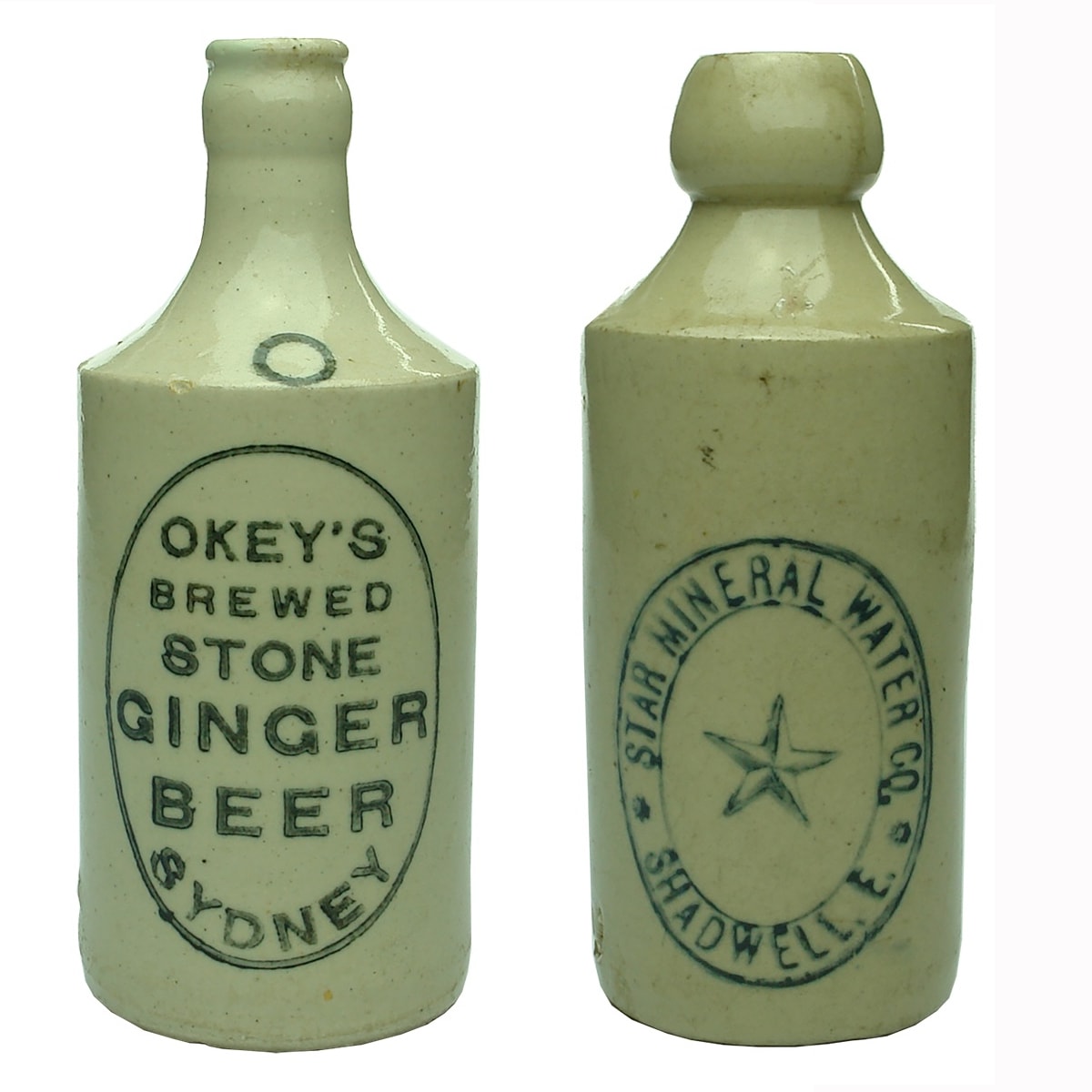 2 Ginger Beers: Okey's Stone Ginger Beer Sydney; Star Mineral Water Co., Shadwell E. (New South Wales & UK)