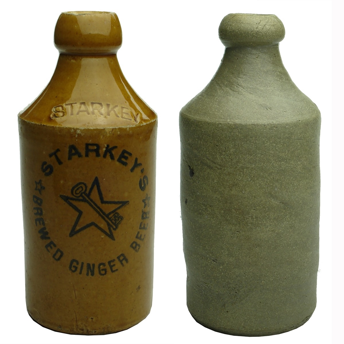 2 Ginger Beers: Starkeys Brewed Ginger Beer, Star & Key; Grey dumpy late "Convict" type bottle. (Sydney, New South Wales)