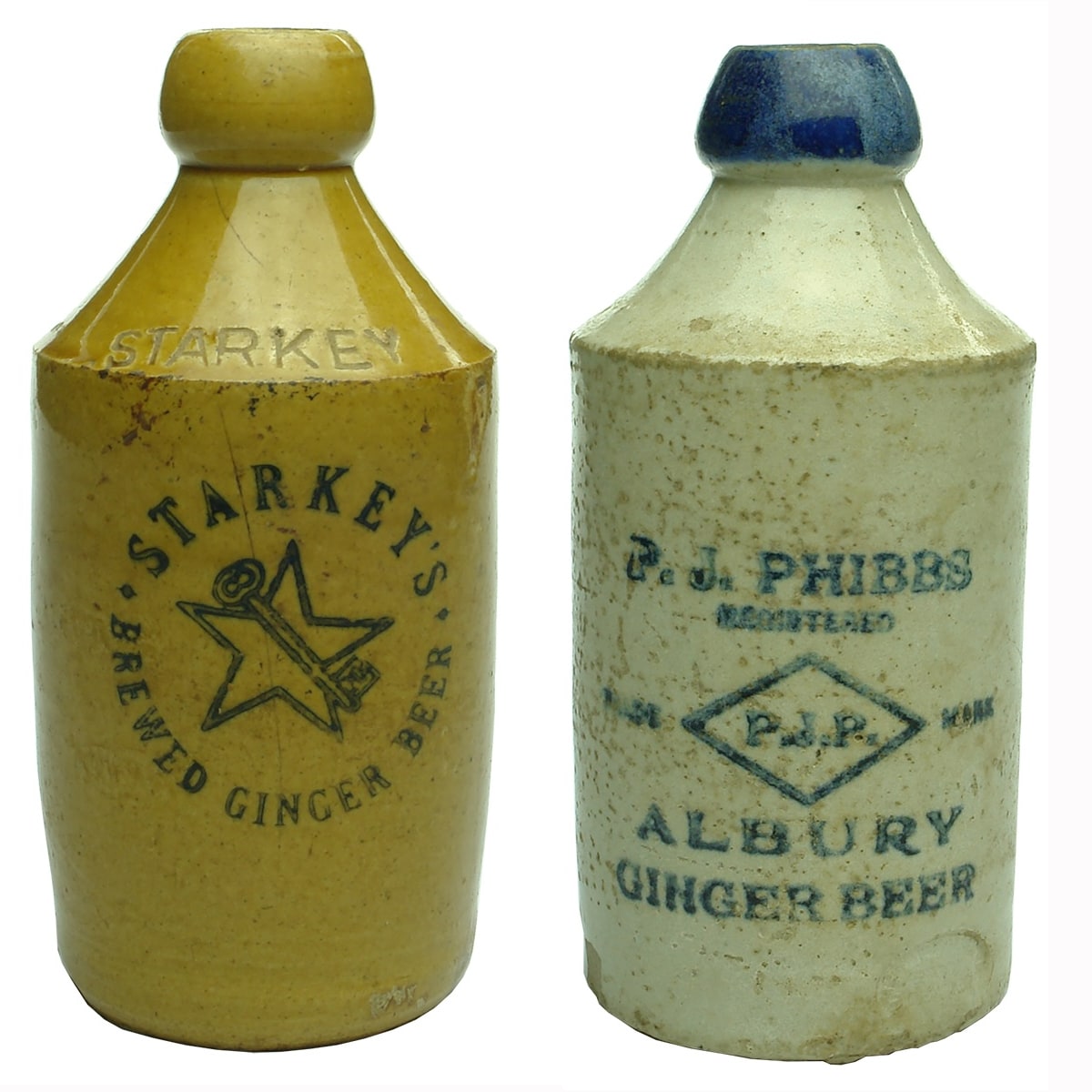 2 Ginger Beers: Starkeys (Sydney, Printed & Impressed); P. J. Phibbs, Albury. (New South Wales)