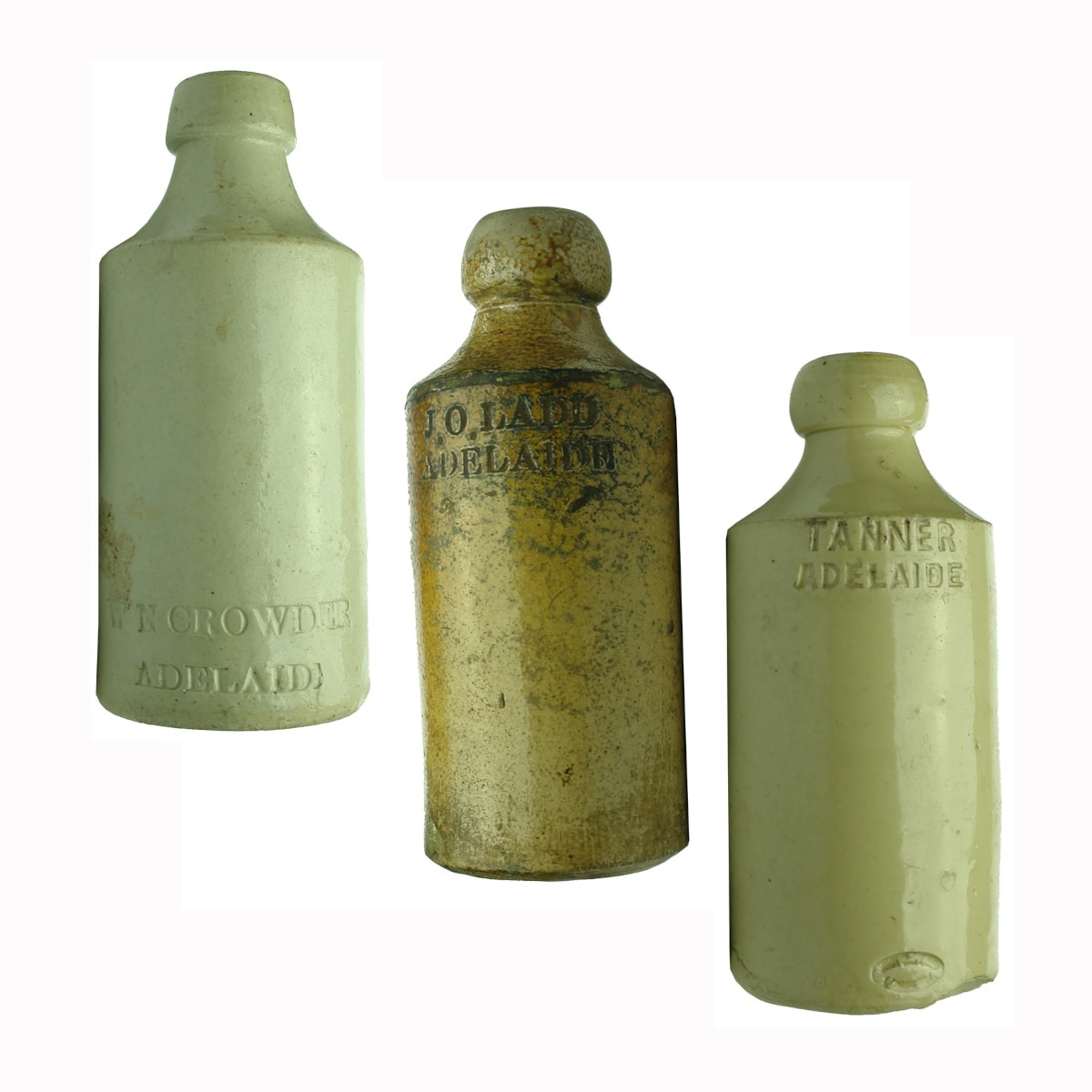 3 Impressed Ginger Beers: W N Crowder, Adelaide; J. O. Ladd, Adelaide; Tanner Adelaide. (South Australia)