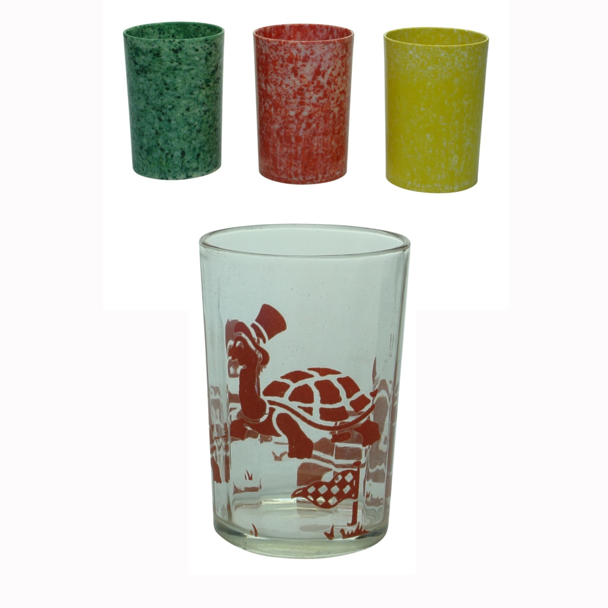 4 Glasses. Three Kraft Foods "Vegemite" Coloured "Disney" Containers and Eta Peanut Butter Glass with red turtles..