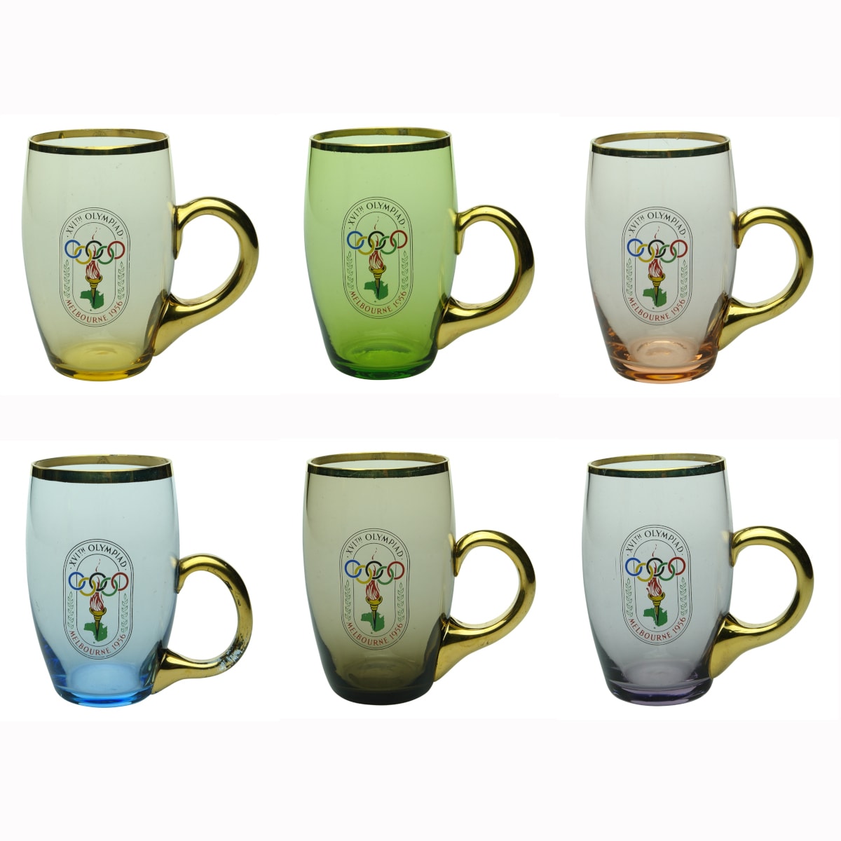 Glassware. 1956 Melbourne Olympic Games Commemorative Beer Mugs. Full set of 6, each a different colour, gilt trim.