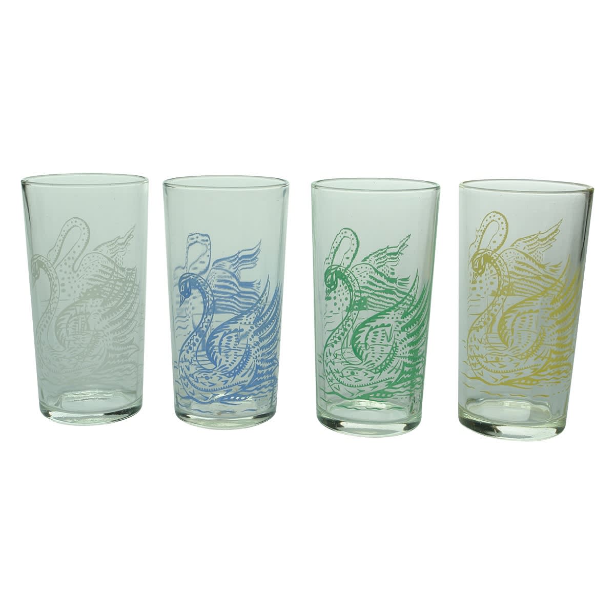 Glasses. 4 Barnes Honey Ceramic Label Glasses with Swans in different colours.