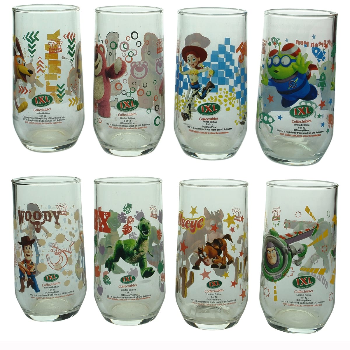 8 Glasses. IXL Jams Disney Pixar Toy Story Glasses: 1. Slinky. 2. Lotso. 3. Jessie. 4. Little Green Men. 5. Woody. 6. Rex. 7. Bullseye. 8. Buzz Lightyear.