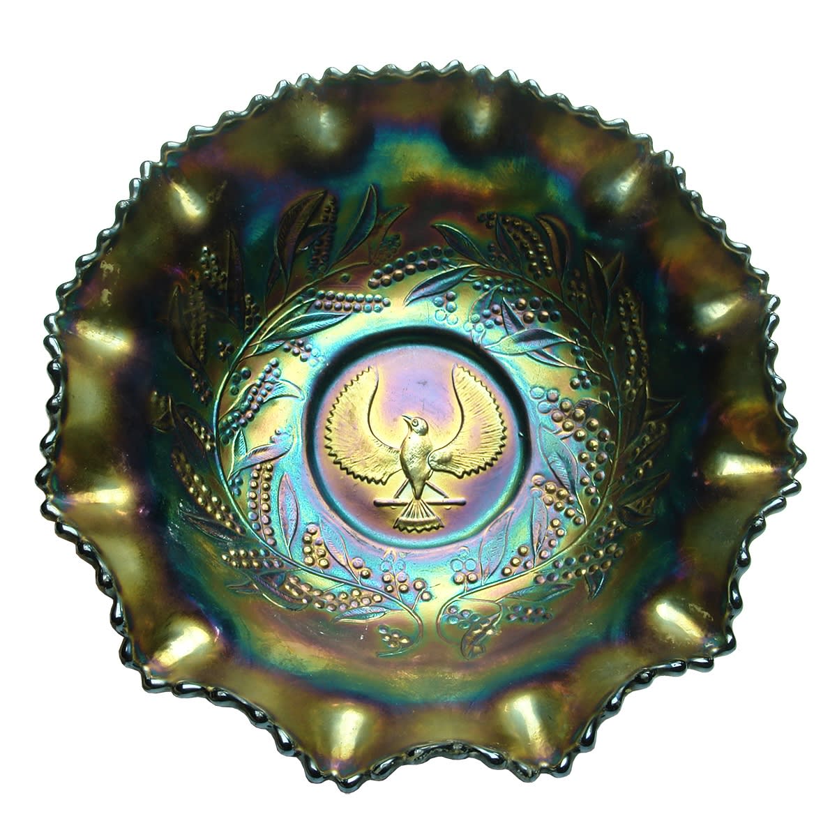 Carnival Glass Bowl. Dark Purple. Australian Shrike. Large size, about 240 mm across.