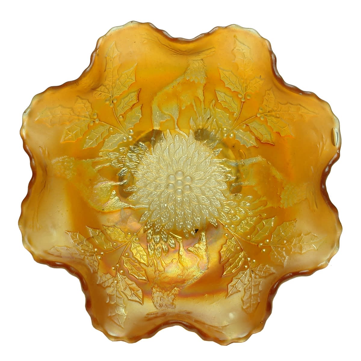 Carnival Glass Bowl. Marigold. Clear footed base. Christmas like theme with Stags and Holly. About 205 mm across.