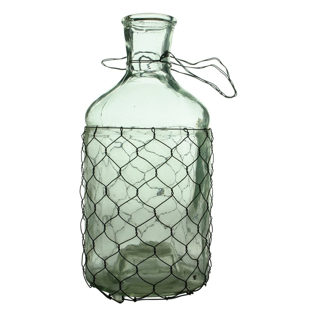 Glassware. Wire encased cylindrical glass fly trap.