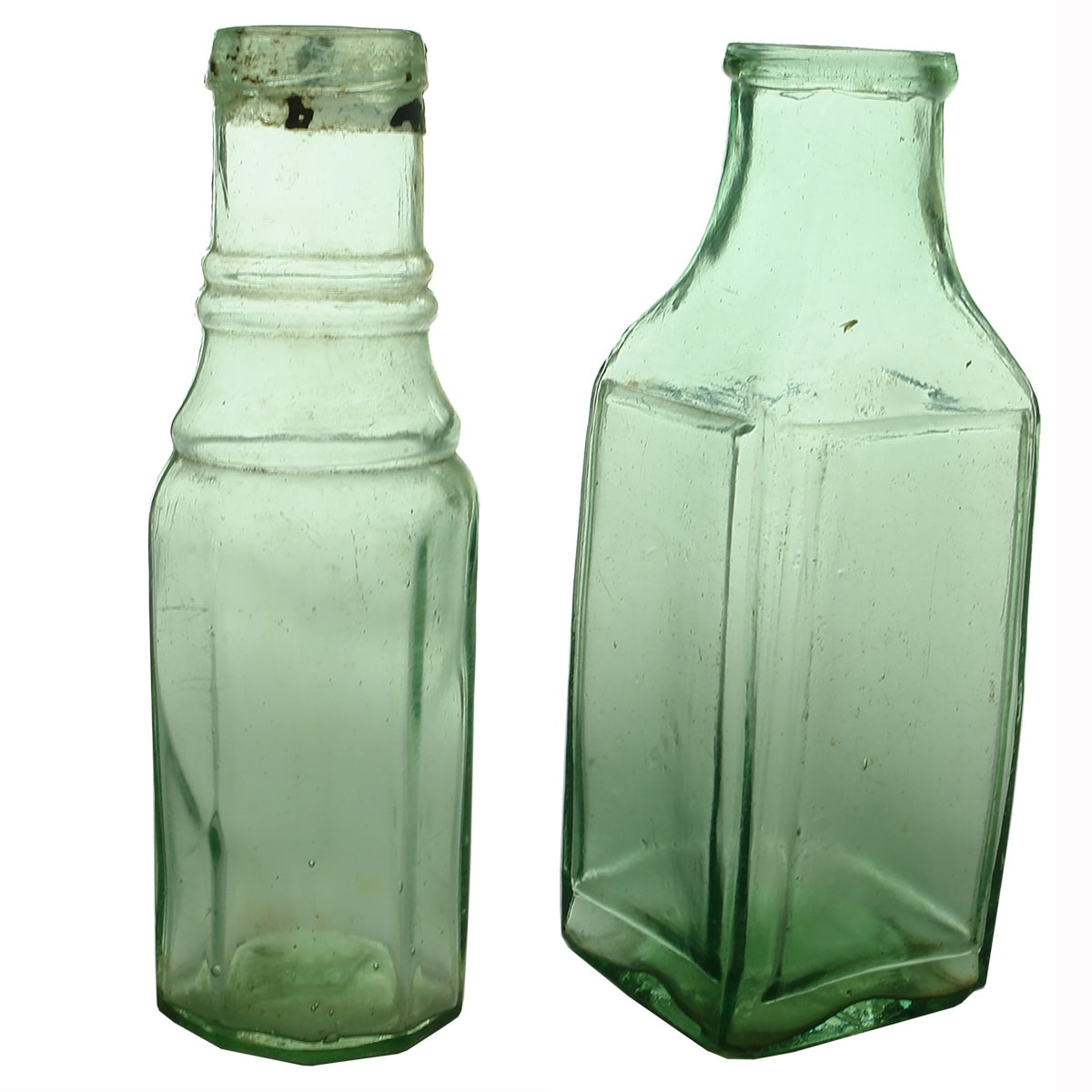 2 Pickles with Registration Diamonds on the bases. 10 sided with fancy neck and Square one with raised rectangle sides.