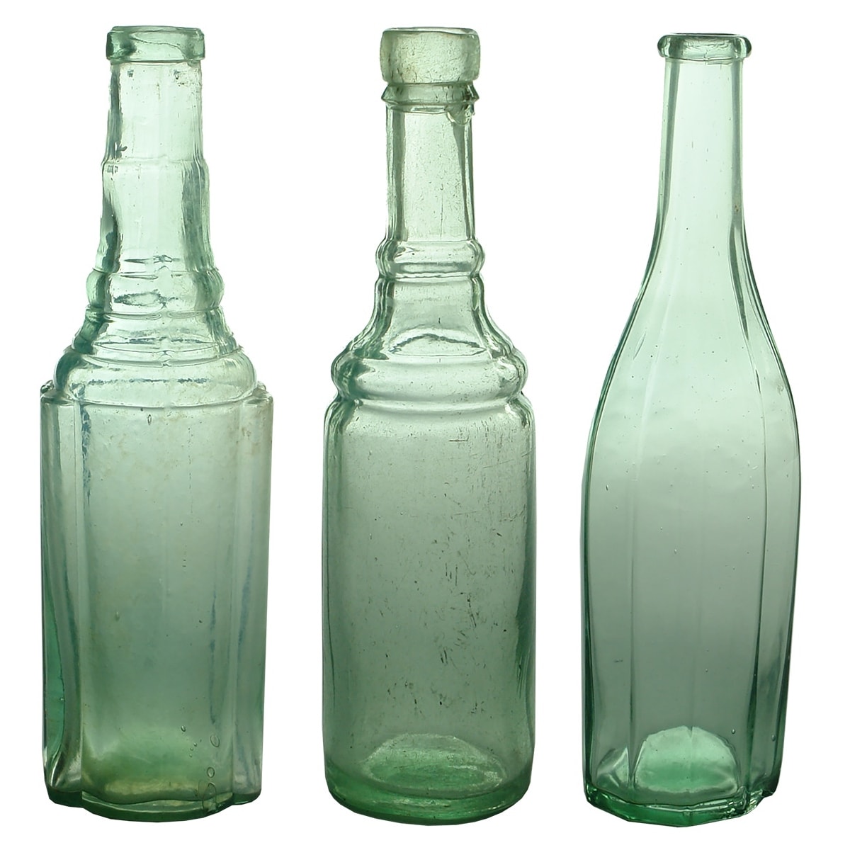 3 Goldfields Salad Oils/Sauces: "Khoosh Bitters" shape; Round with a deep groove at the shoulder; 10 sided one.