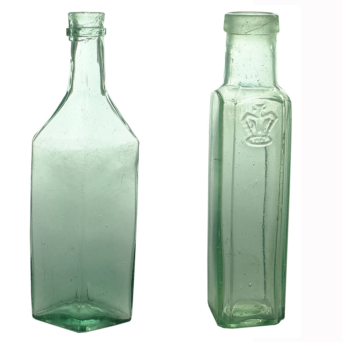 2 Goldfields Type Bottles: Diamond shaped sauce. Flared top; Batty's Capers with Crown at shoulder.