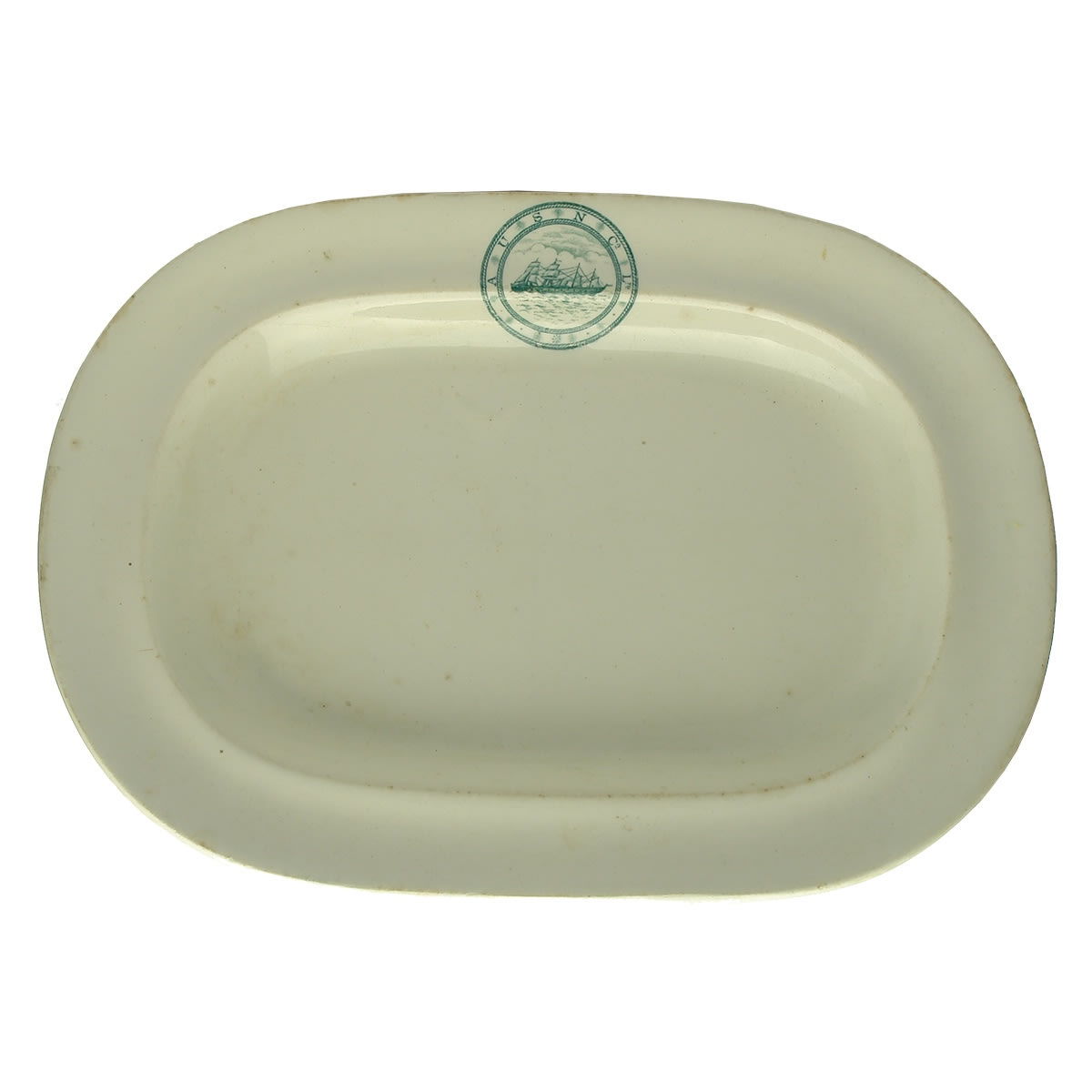 Shipping Plate. AUSN Co Ltd (Australasian United Steam Navigation Co Ltd). Multi Masted ship logo. Copeland pottery. Oval plate.