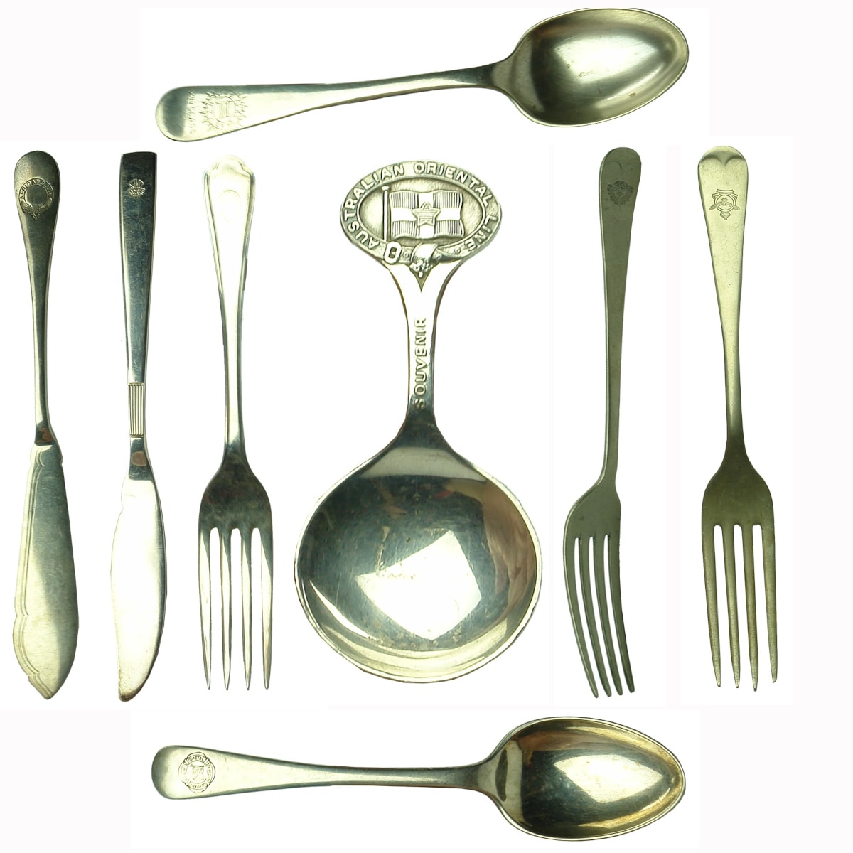 Shipping. 8 pieces of assorted shipping cutlery: 1. African S. S. Co. Hallmarked W&HSP. Knife. 2. Logo of some sort. Oneida Silversmith's Plate. Knife. 3. Huddart Parker Line. Walker & Hall Hallmark. Fork. 4. Australian Oriental Line, Souvenir Spoon. Elkington Plate. 5. Australian Military Forces. Nickel Silver, Sheffield, England. Fork. 6. Flying Bird with Crown Logo. Siltona, Made in England. Fork. 7. N. Y. K, with Chinese Characters, 2nd Class. Mappin and Webb. Teaspoon. 8. Coastal Steamship Company Limited. Hallmarked. Teaspoon.