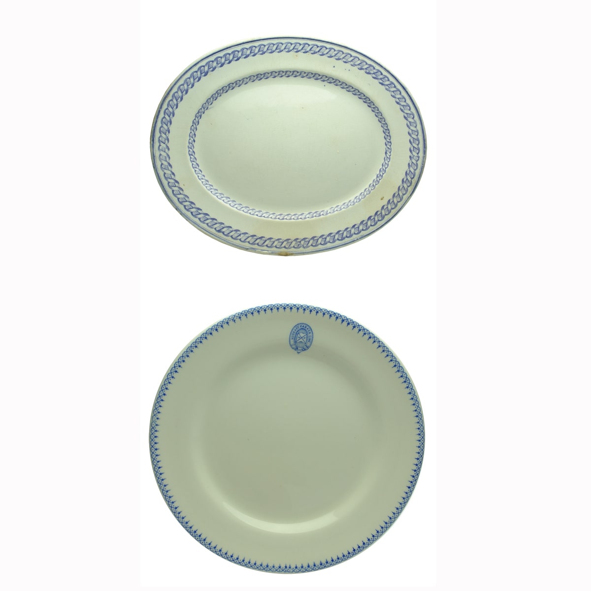 2 Shipping Pieces. Meat Platter With Rope Designs to Edges. Wm Fairbairns, Gable; Huddart Parker Line Dinner Plate. "Duraline", Grindley Hotelware Co., Loftus Moran Pty Ltd, Melbourne.