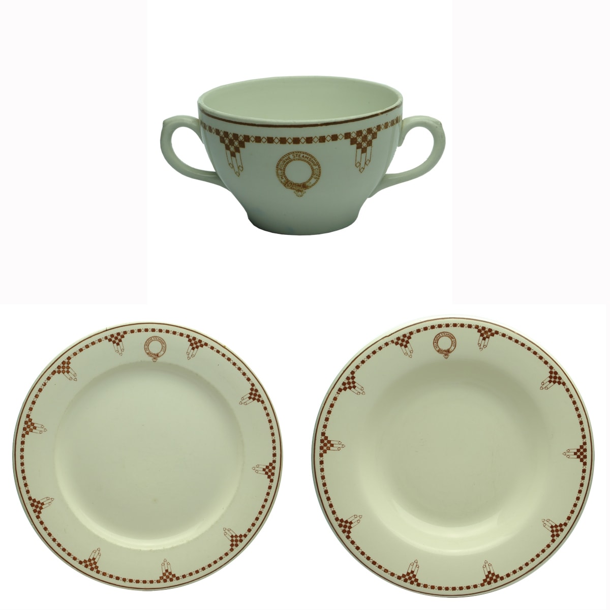 3 Shipping Pieces. Melbourne Steamship Co Ltd. C. McD Mann & Co Ltd, London. Bouillon Cup, Dinner Plate & Soup Bowl.