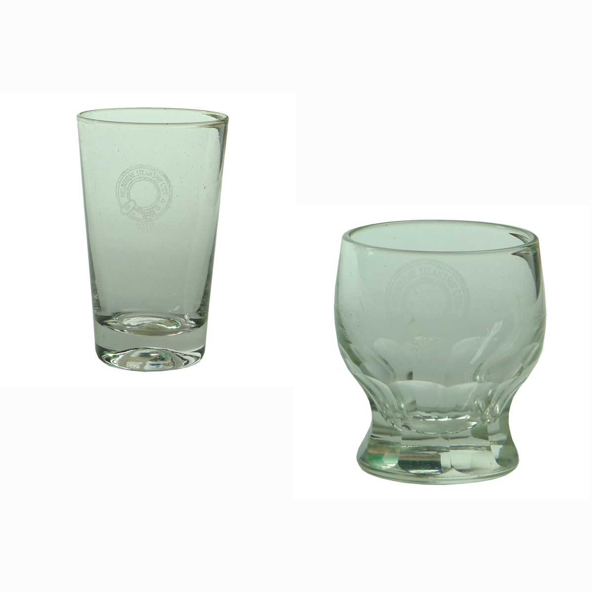 2 Shipping Pieces. Melbourne Steamship Co Ltd. Small Straight Sided Tapered Spirit Glass and Small stumpy spirits glass. (Victoria)