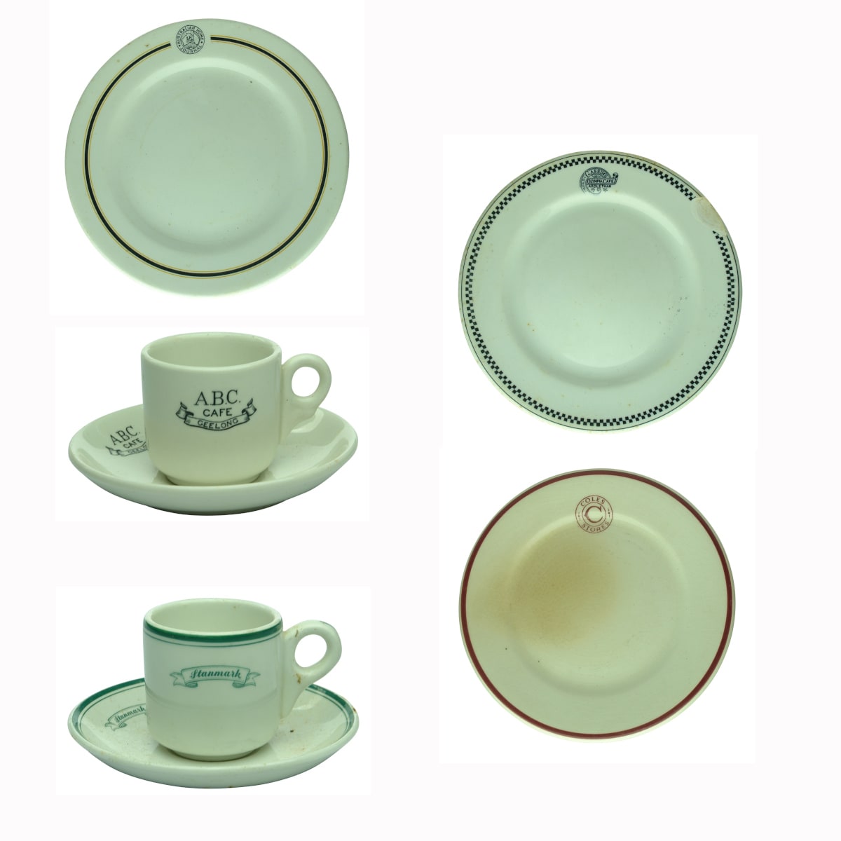 7 Hotelware Pieces. Australian Home Journal; ABC Cafe Geelong; Stanmark; Cassim's Olympia Cafe Ardlethan; Coles Stores.