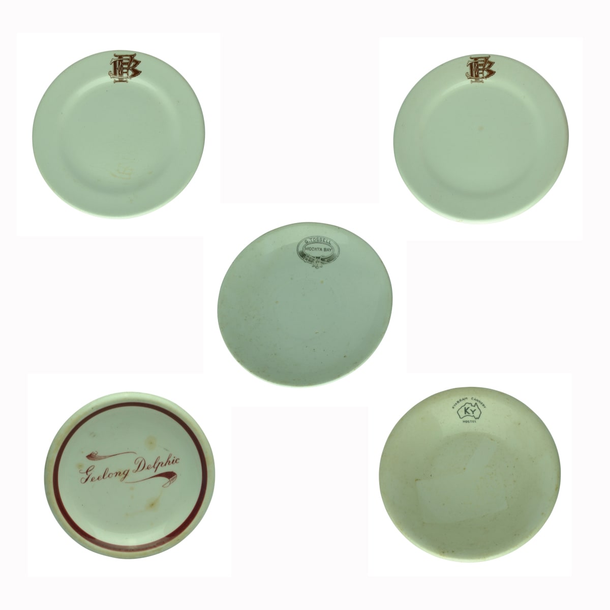 5 Hotelware Pieces. FB x 2; G. Tossell Moonta Bay; Geelong Delphic; Kyabram Cannery Hostel.