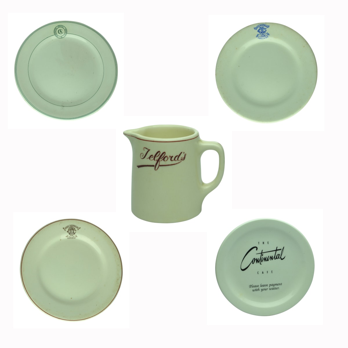 5 Hotelware pieces. Repatriation Medical Services 2 x South Australian Club Telford's The Continental Cafe.