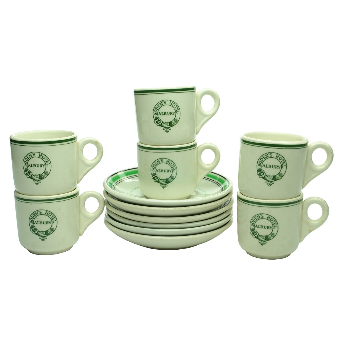 Set of 6 Coffee Cups with Saucers. Soden's Hotel Albury. Hotelware. Saucers Black & Light Green; Cups just Green.