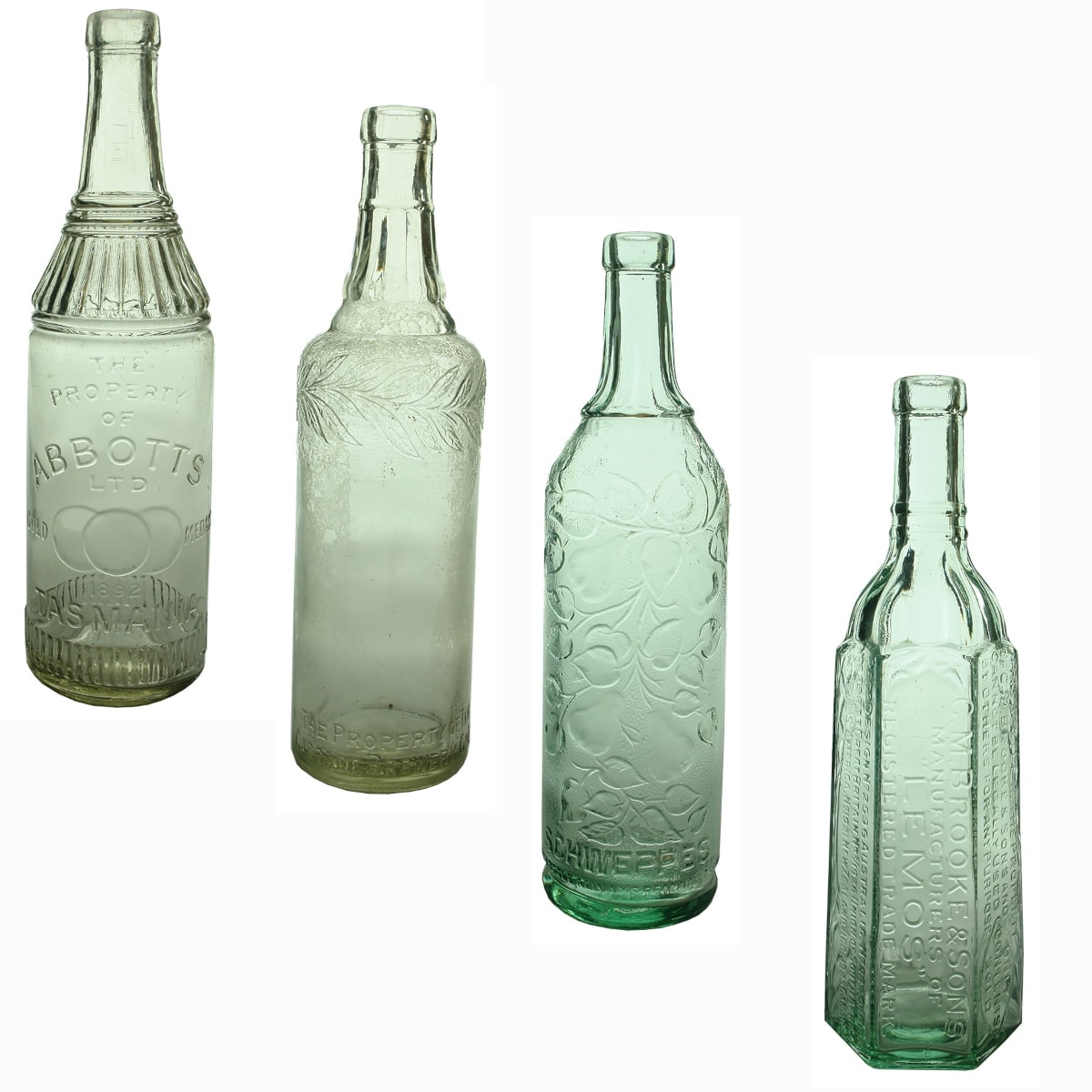 4 Cordials: Abbotts, Tasmania; Cascade Brewery Co Ltd; Schweppes; C. M. Brooke & Sons, Lemos.