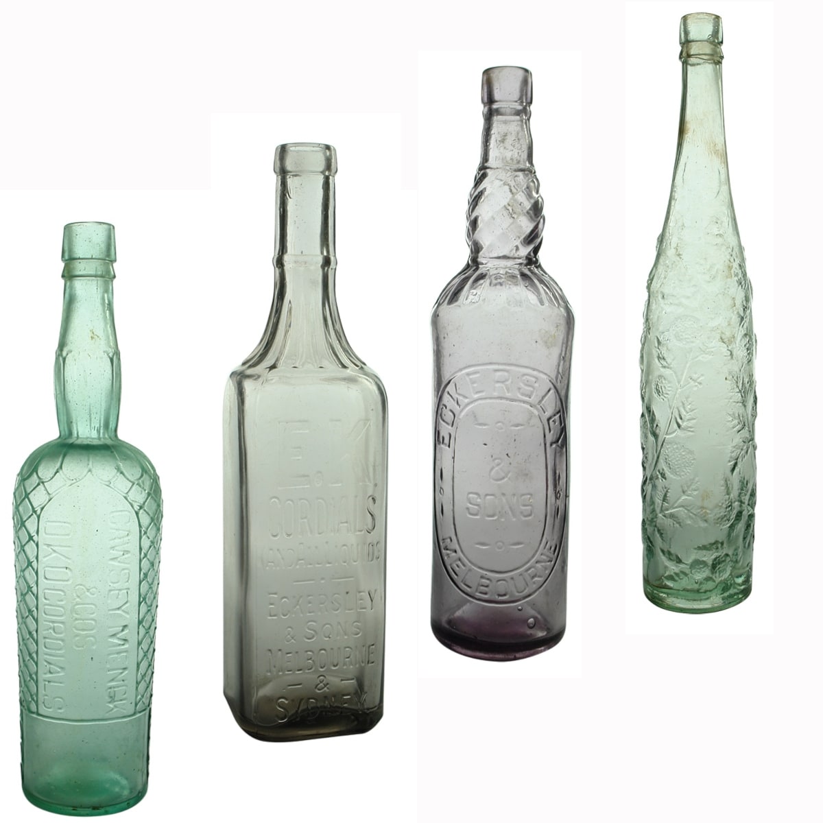 Cordials. 1. Cawsey Menck & Cos O. K. O Cordials. Aqua. 26 oz. 2. E. K. Cordials, Eckersley & Sons, Melbourne & Sydney. Amethyst. 26 oz. 3. Eckersley & Sons, Melbourne. Amethyst. 26 oz. 4. L. Rose & Co, Leith & London. Aqua. 26 oz.