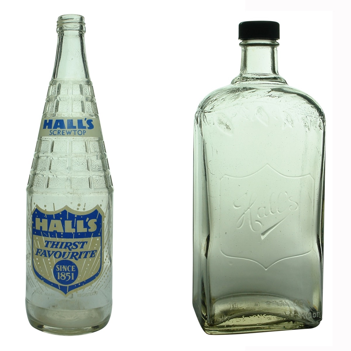 Cordials. 1. Hall's Screwtop, Norwood, 740 mL. 2. Hall's, Norwood. Rectangle screw top cordial with Bakelite cap. Clear. (South Australia)