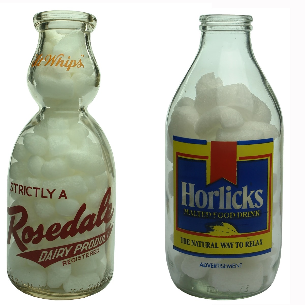 2 Milks: Rosedale Dairy Product, cream top shaped milk. USA; Horlicks Malted Food Drink advertising Milk. UK.