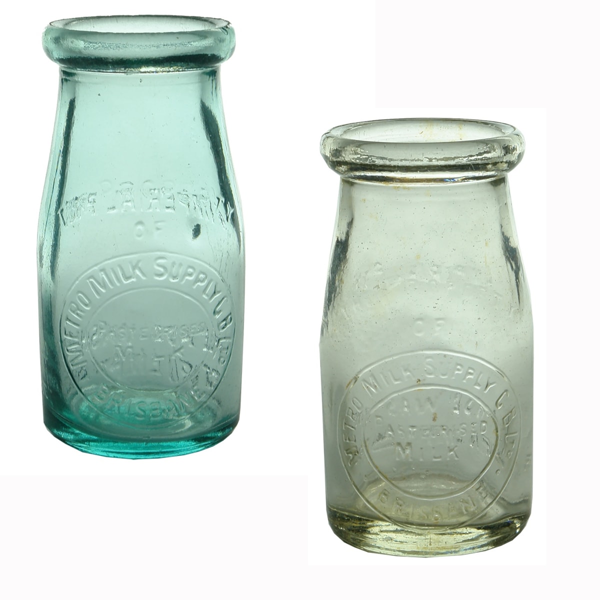 2 Milks: Different variations of Metro Milk Supply C. B. Ltd., Brisbane. Aqua & Clear. Different heights. 1/4 Pint. (Queensland)