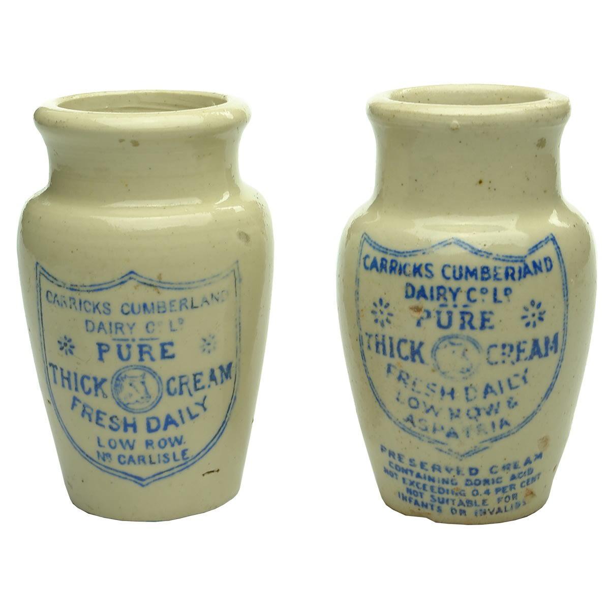 2 Cream Jars: 2 varieties of Carricks Cumberland Dairy Co Ltd. Low Row & Aspatria; Nr Carlisle. Cows Head. Blue Prints.