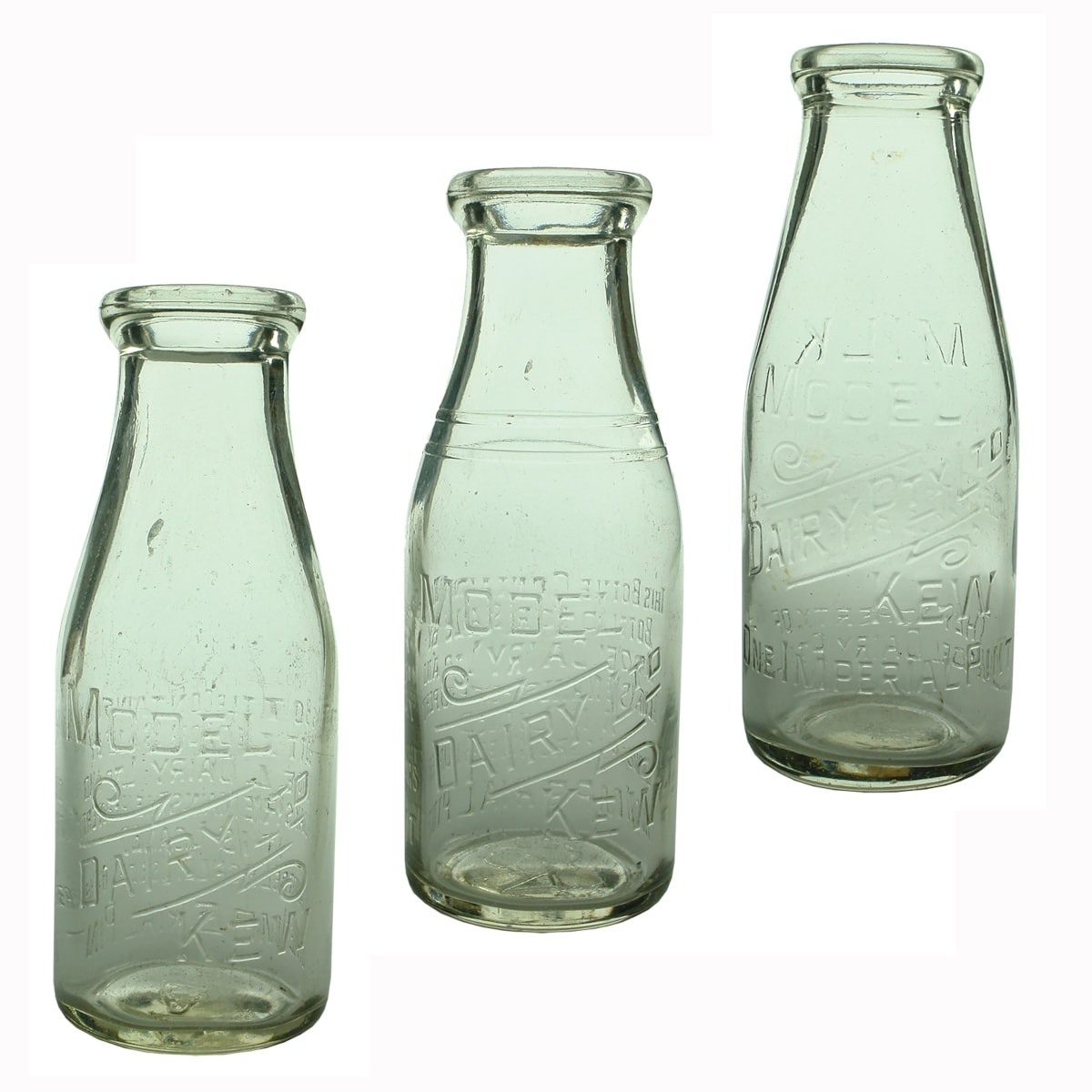 3 Different Model Dairy Ltd Kew Milk Bottles. Base Marks 4 and S4. One with Pty Ltd. (Victoria)