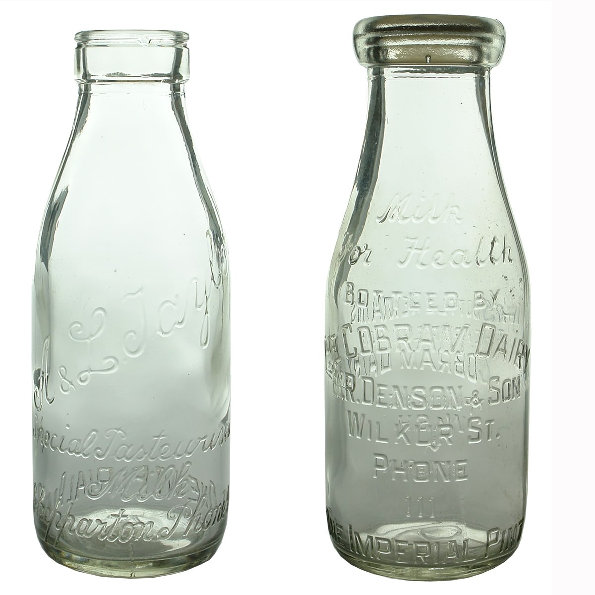 2 Milks. A. & L. Taylor, Special Pasteurised Milk, Shepparton. Foil top. Pint; W. R. Denson & Son, The Cobram Dairy, Wilkur St. Base Number: 590. (Victoria)