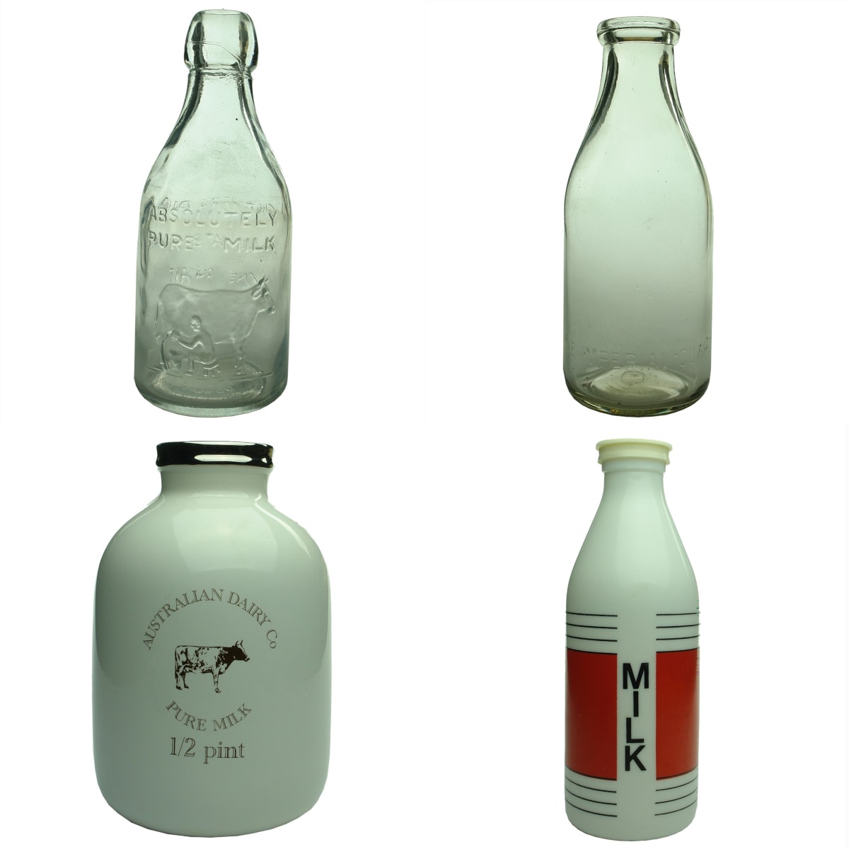 4 large Milk related items: Reproduction Thatchers Milk. Absolutely Pure Milk; Generic Imperial Quart Milk; Australian Dairy Co Pure Milk; Milk or Opal Glass Milk Container.