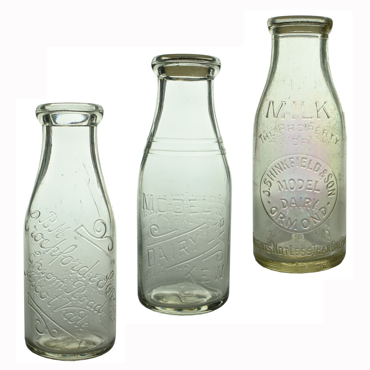 3 Milks. B. M. Crockford & Sons Pty Ltd, Epsom Road, Ascot Vale. Base: 217; Model Dairy Ltd Kew, Base: S4; J. Shinkfield & Son Model Dairy Ormond. Base: 238. (Victoria)