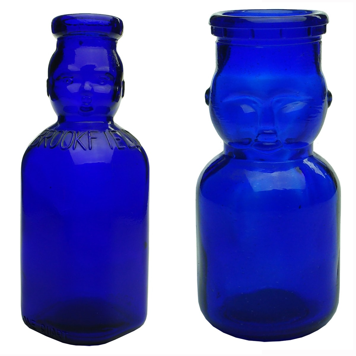 2 Reproduction Brookfield Baby Top Milk Bottles. Quart & Half Pint. Cobalt Blue.