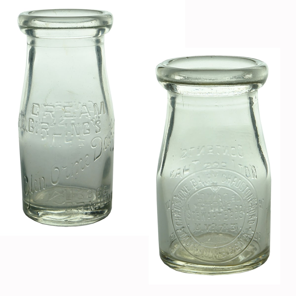 2 Creams. F. C. Girling's Glen Orme Dairy, Ormond. Base: 476. 1/4 Pint; Stewart Bros., Chadstone Dairy, Chadstone Road, Murrumbeena. Base Number: 152. Wad lip. 4 oz. (Victoria)