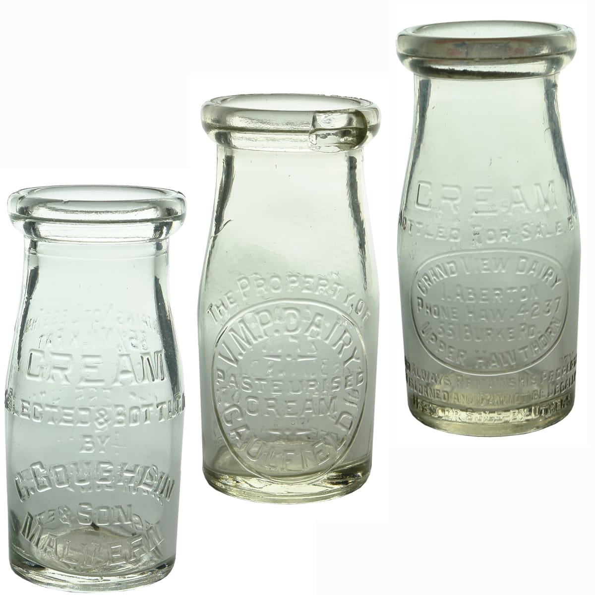 3 Creams: C. Coughlin & Som, Malvern, Base: 178; VMP Dairy, Caulfield, Base: 42; I. Aberton, Grand View Dairy, Burke Rd., Upper Hawthorn, Base: 150. 1/4 Pints. (Victoria)