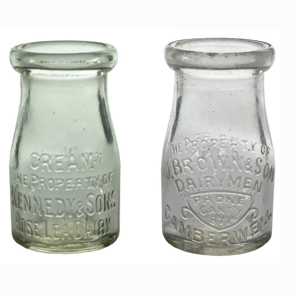 2 Creams: Kennedy & Sons, Rose Lea Dairy (Kew), Base: AGM; J. Brown & Son, Dairymen, Camberwell. Base: AGM. 4 oz. (Victoria)