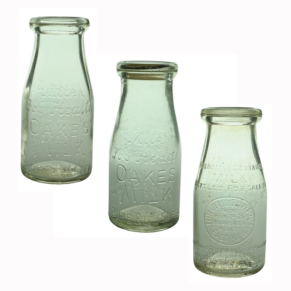 3 Half Pint Milks: 2 variations of Oakes Milk, A. Oakes & Sons Ltd, Richmond. (Bases: 28); Elite Jersey Dairy Pty Ltd, East Kew. (Base: 341). (Victoria)