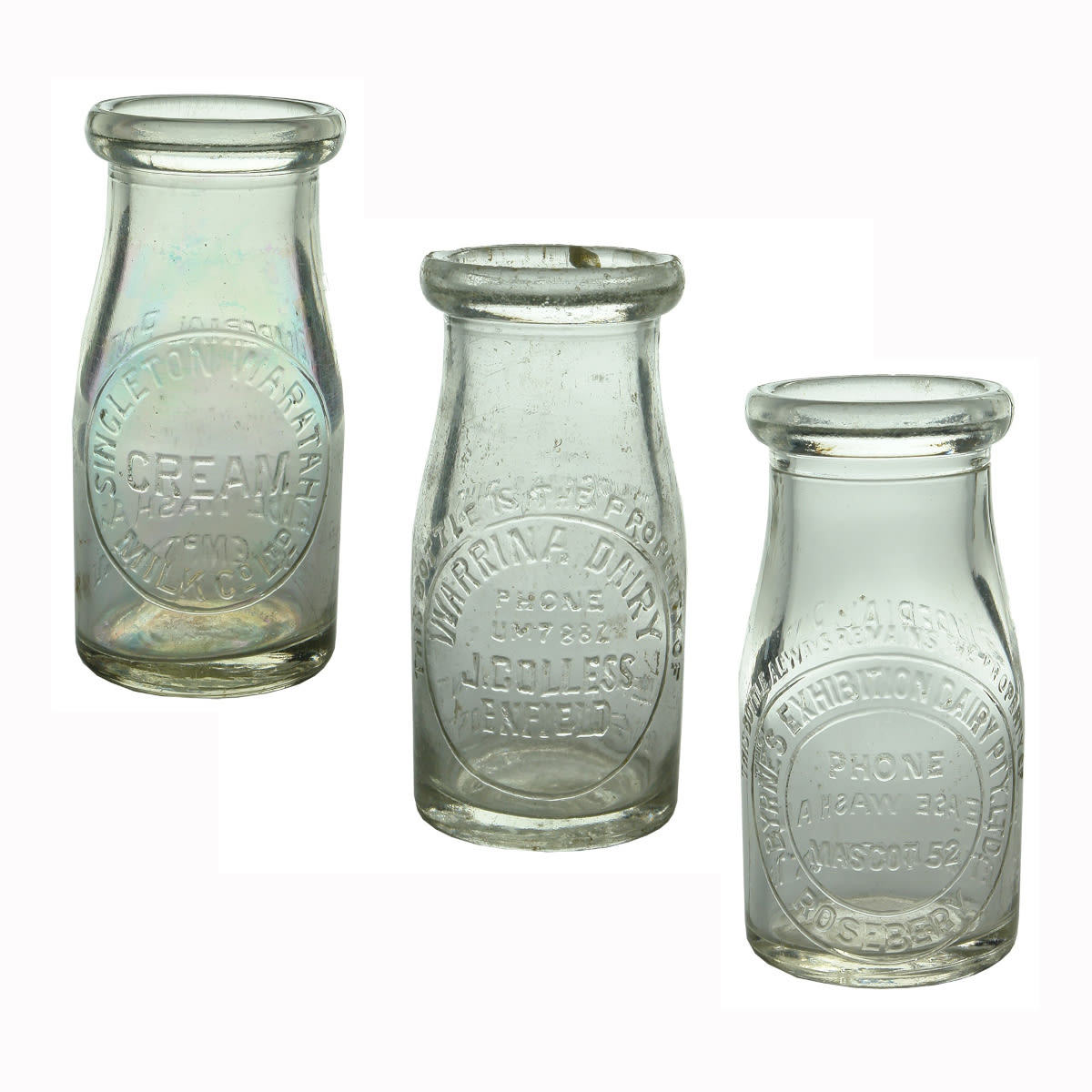 3 Creams or Milks: Singleton Waratah Milk Co Ltd; J. Colless, Enfield, Warrina Dairy; Byrne's Exhibition Dairy Rosebery. 1/4 Pints. (New South Wales)