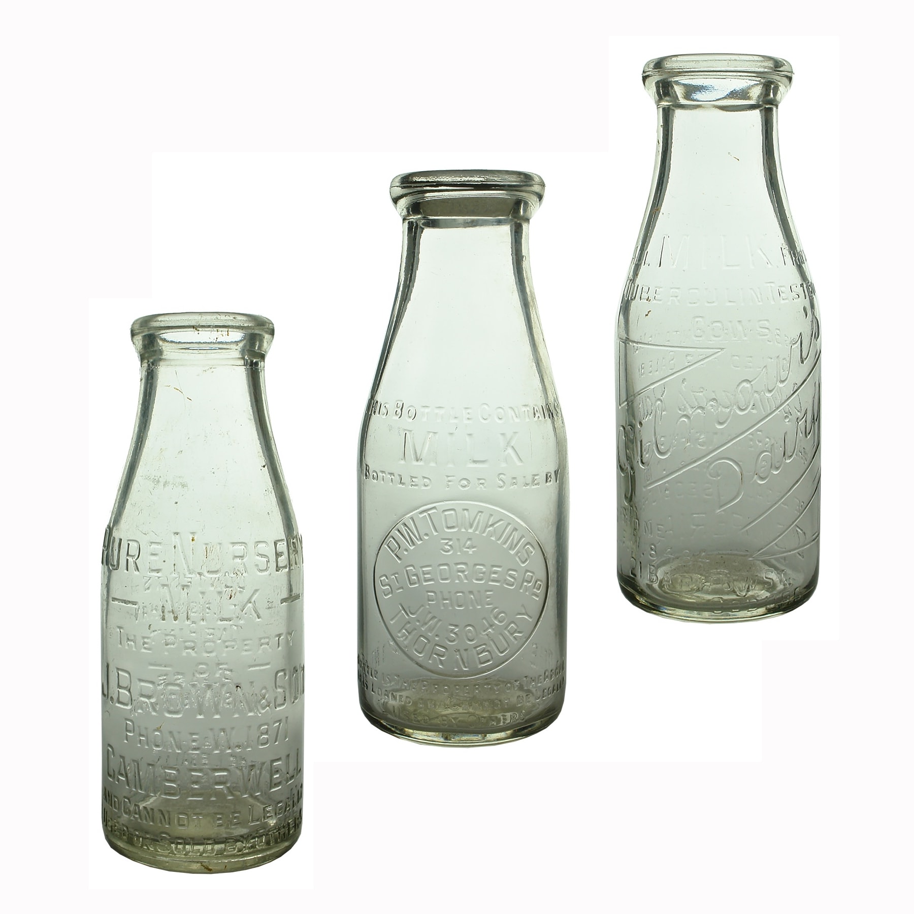 3 Milks. J. Brown & Son, Camberwell. Pure Nursery Milk. Base: 40;  P. W. Tomkins, St Georges Rd, Thornbury. Base: 248.; Gilmour's Dairy, Barrow St., Coburg. Base: 94. (Victoria)