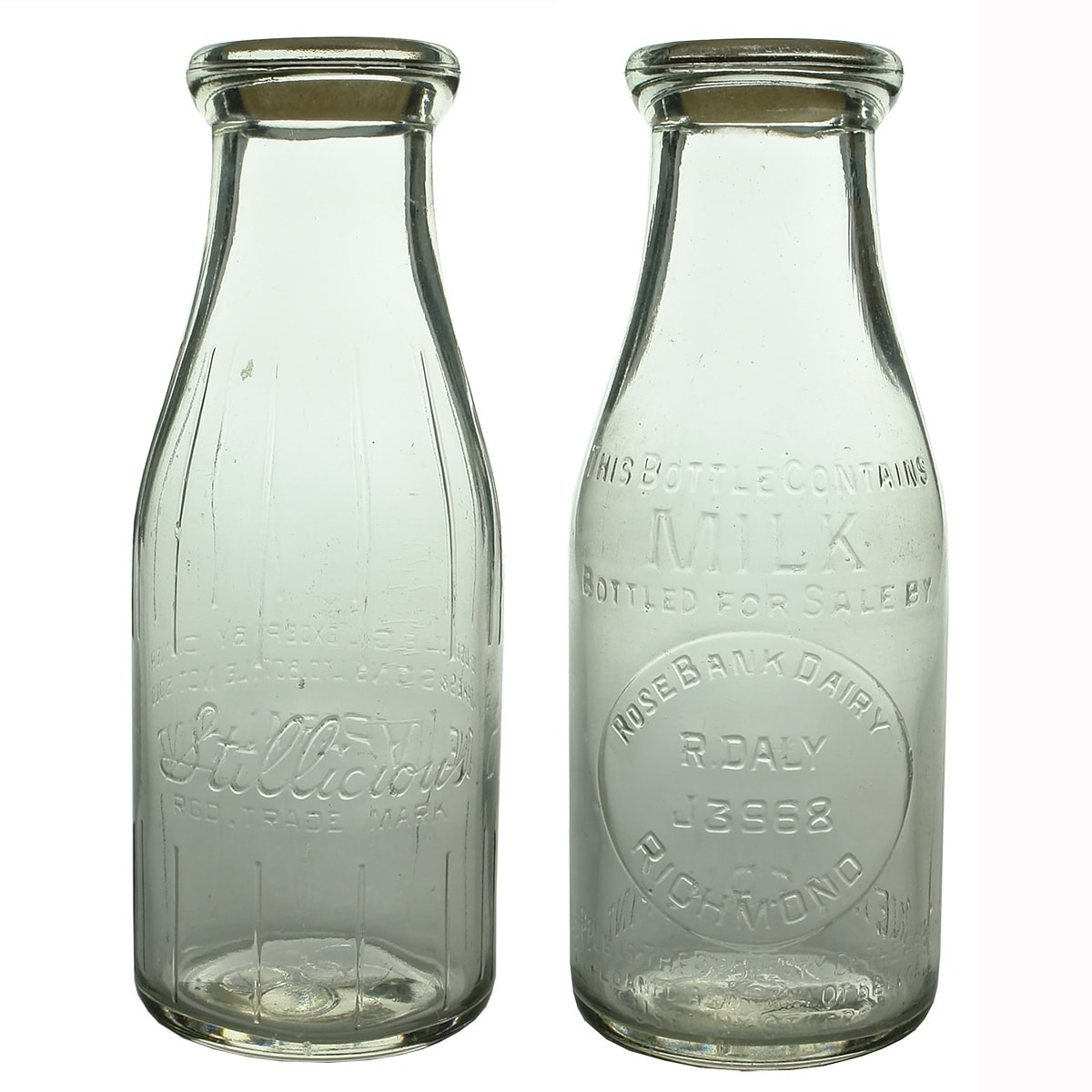 2 Milks: Stillicious, A. Oakes & Sons, Base: 28; R. Daly, Rose Bank Dairy, Richmond. base: 370. Pints. (Victoria)