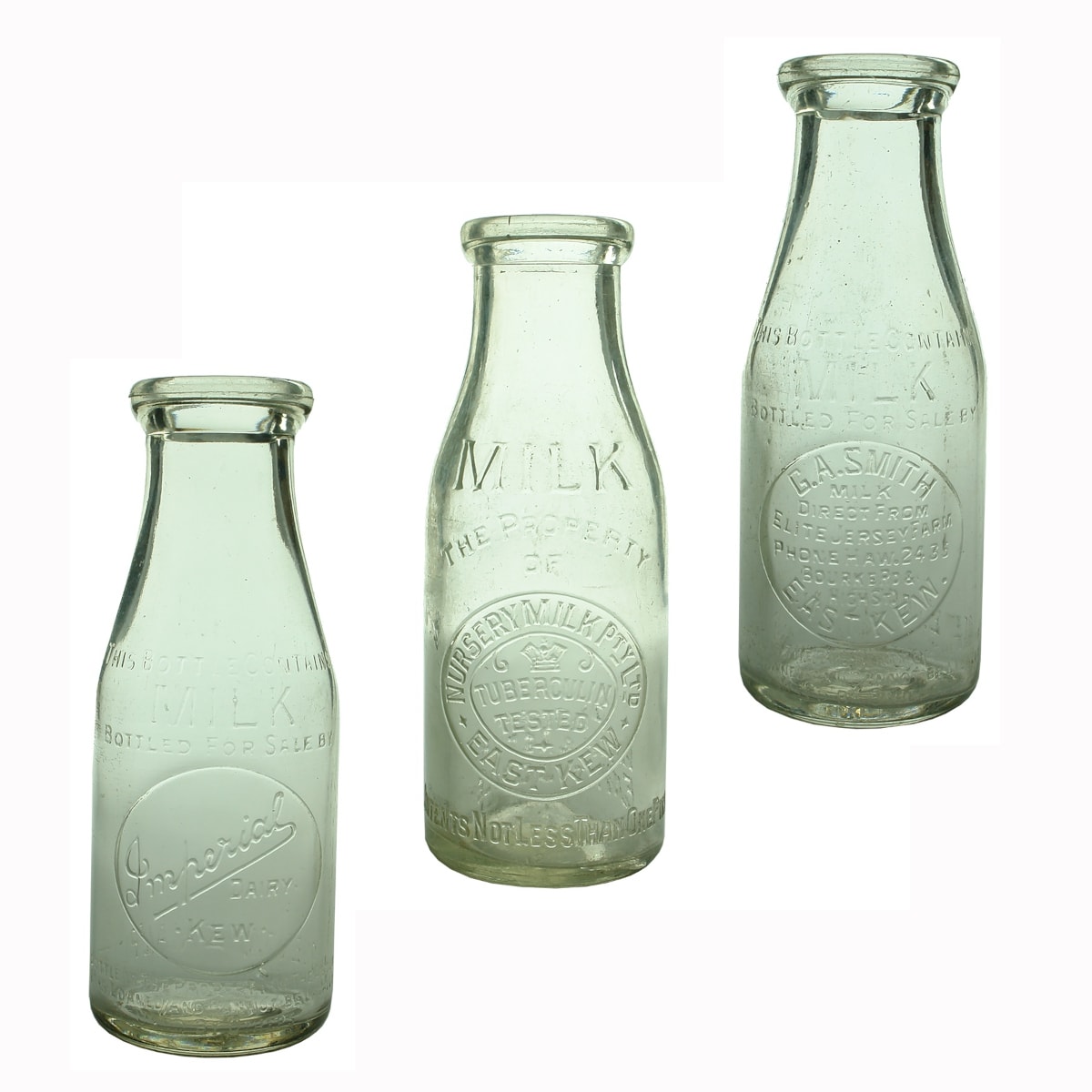 3 Kew Milk Bottles: Imperial Dairy (Base 128); Nursery Milk Pty Ltd, East Kew (Bae 3); G. A. Smith, Elite Jersey Farm, East Kew (Base 341). (Victoria)
