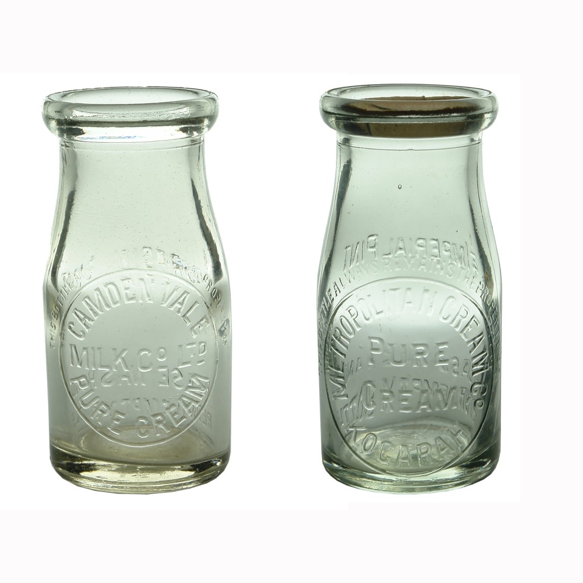 2 Creams: Camden Vale Milk Co Ltd; Metropolitan Cream Co., Kogarah. 1/4 Pint. (New South Wales)